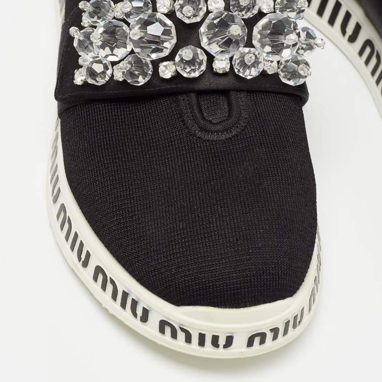 Pre Owned Miu Miu Black Fabric and Satin Crystal Embellished Slip On Sneakers Size 38.5