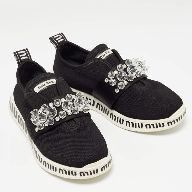 Pre Owned Miu Miu Black Fabric and Satin Crystal Embellished Slip On Sneakers Size 38.5
