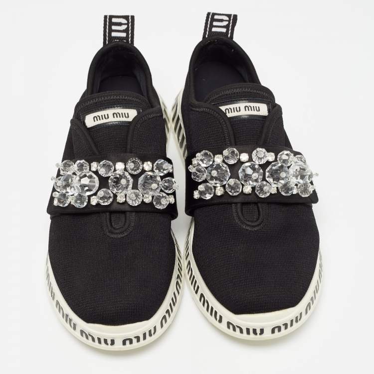 Pre Owned Miu Miu Black Fabric and Satin Crystal Embellished Slip On Sneakers Size 38.5