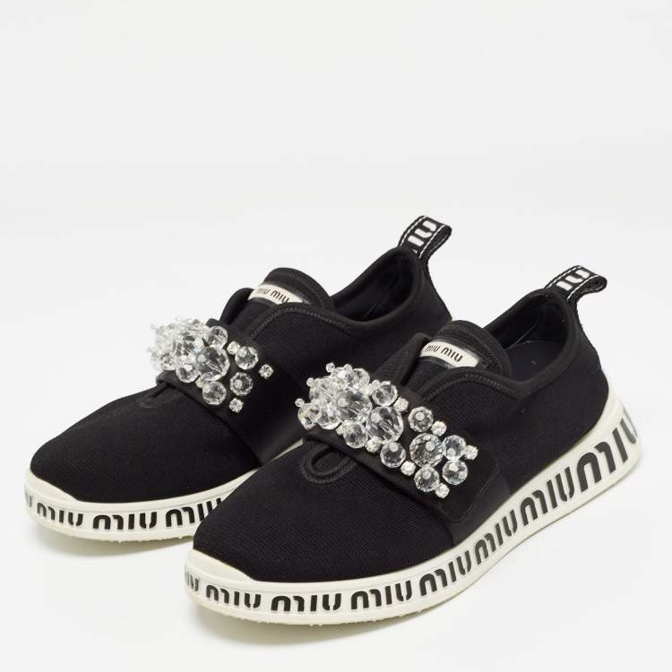 Pre Owned Miu Miu Black Fabric and Satin Crystal Embellished Slip On Sneakers Size 38.5