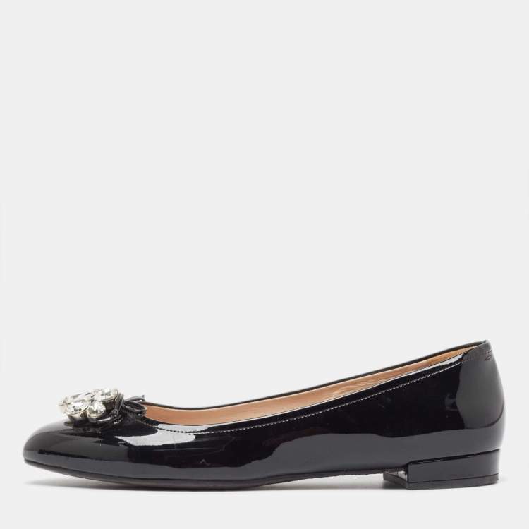 Pre Owned Miu Miu Black Patent Leather Crystal Embellished Ballet Flats Size 39