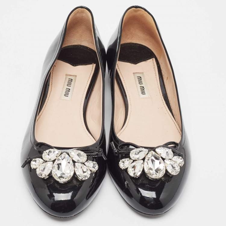 Pre Owned Miu Miu Black Patent Leather Crystal Embellished Ballet Flats Size 39