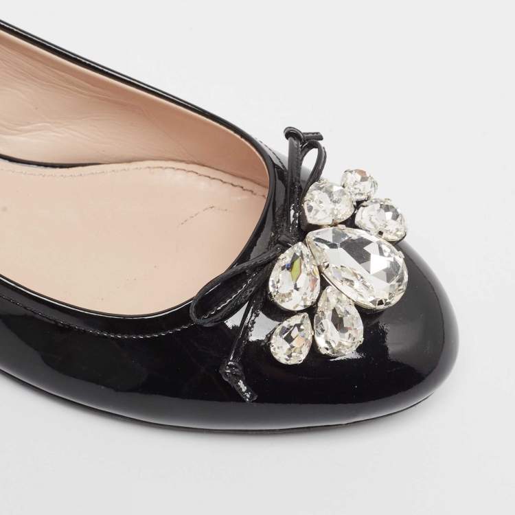 Pre Owned Miu Miu Black Patent Leather Crystal Embellished Ballet Flats Size 39