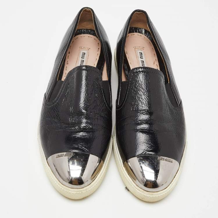 Pre Owned Miu Miu Black Patent Leather Slip On Sneakers Size 41