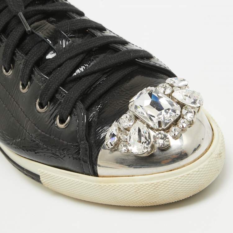 Pre Owned Miu Miu Black Patent Leather Crystal Embellished Cap Toe Sneakers Size 41