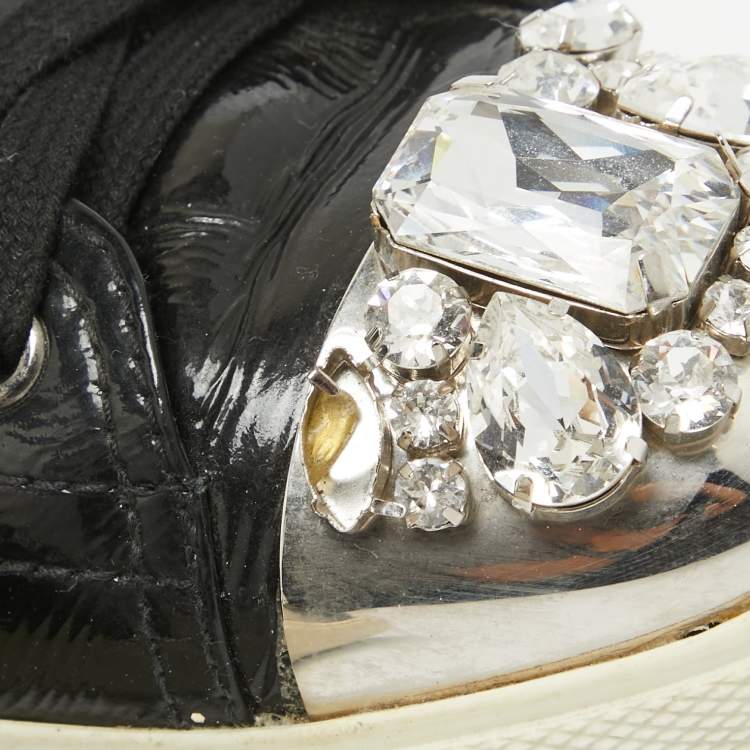 Pre Owned Miu Miu Black Patent Leather Crystal Embellished Cap Toe Sneakers Size 41