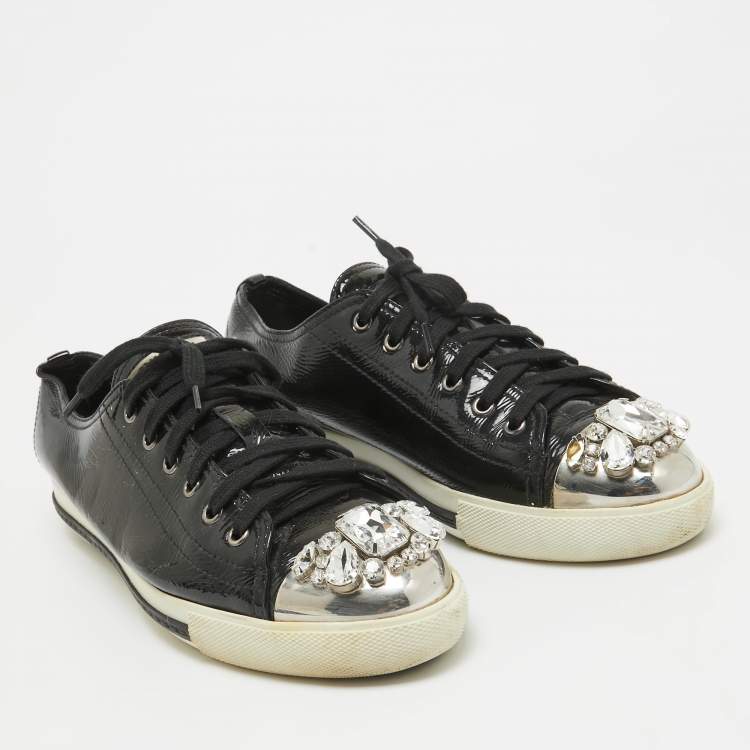 Pre Owned Miu Miu Black Patent Leather Crystal Embellished Cap Toe Sneakers Size 41