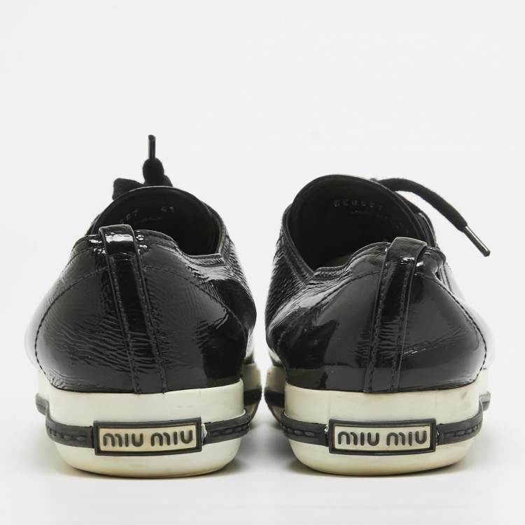 Pre Owned Miu Miu Black Patent Leather Crystal Embellished Cap Toe Sneakers Size 41