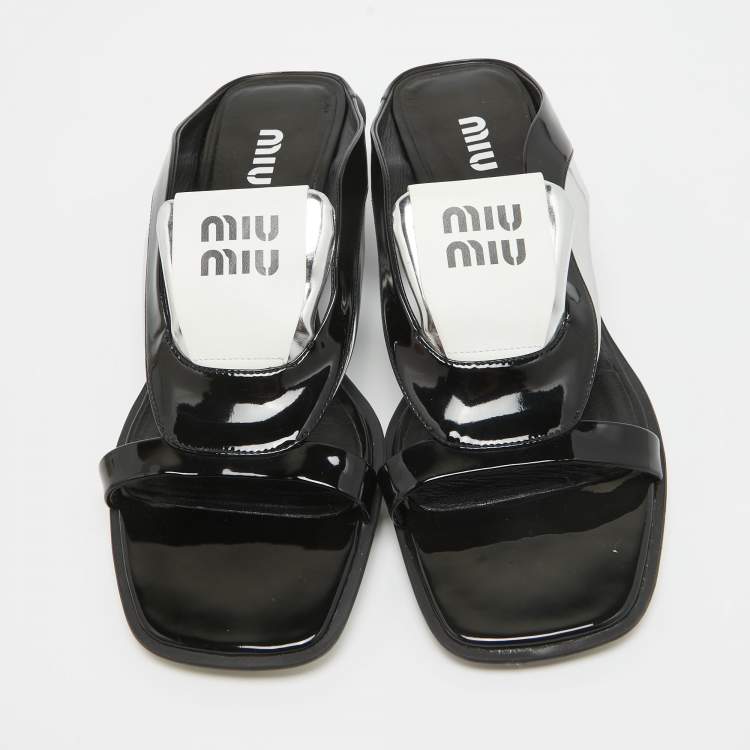 Pre Owned Miu Miu Black/White Patent and Leather Logo Slide Sandals Size 40.5