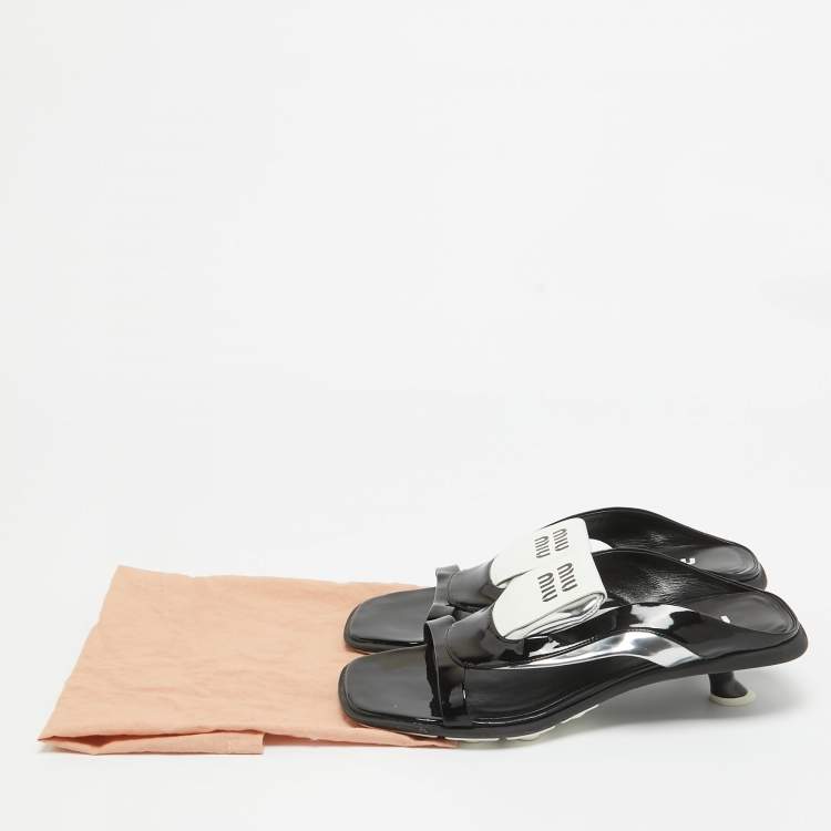 Pre Owned Miu Miu Black/White Patent and Leather Logo Slide Sandals Size 40.5