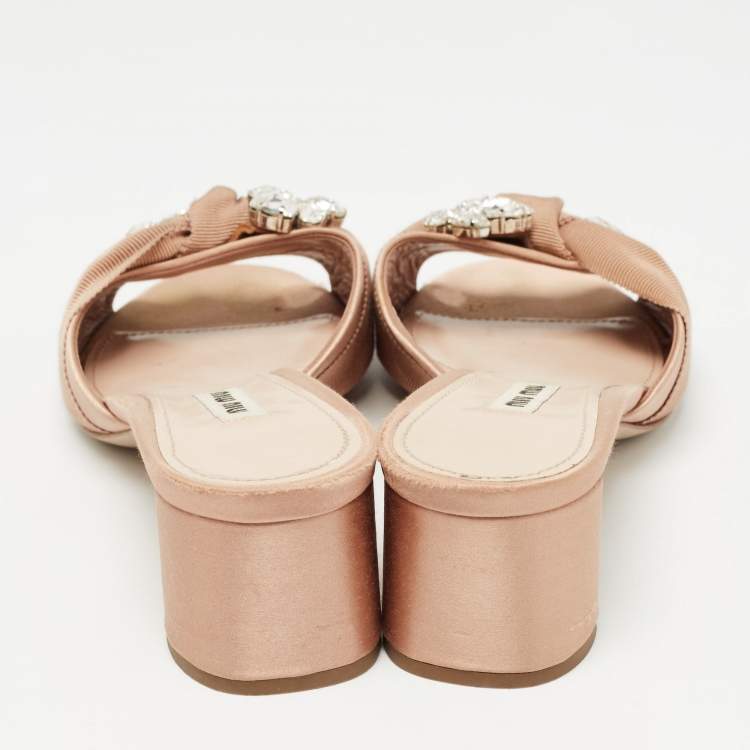 Pre Owned Miu Miu Beige Satin Crystal Embellished Sandals Size 38