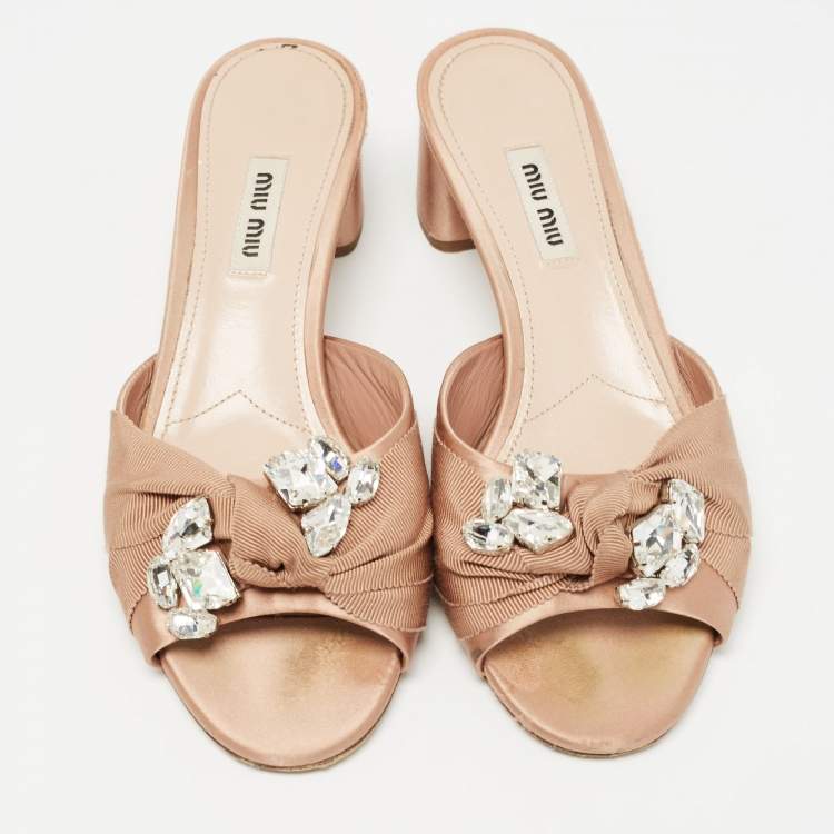 Pre Owned Miu Miu Beige Satin Crystal Embellished Sandals Size 38
