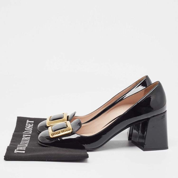 Pre Owned Miu Miu Black Patent Block Heel Pumps Size 40