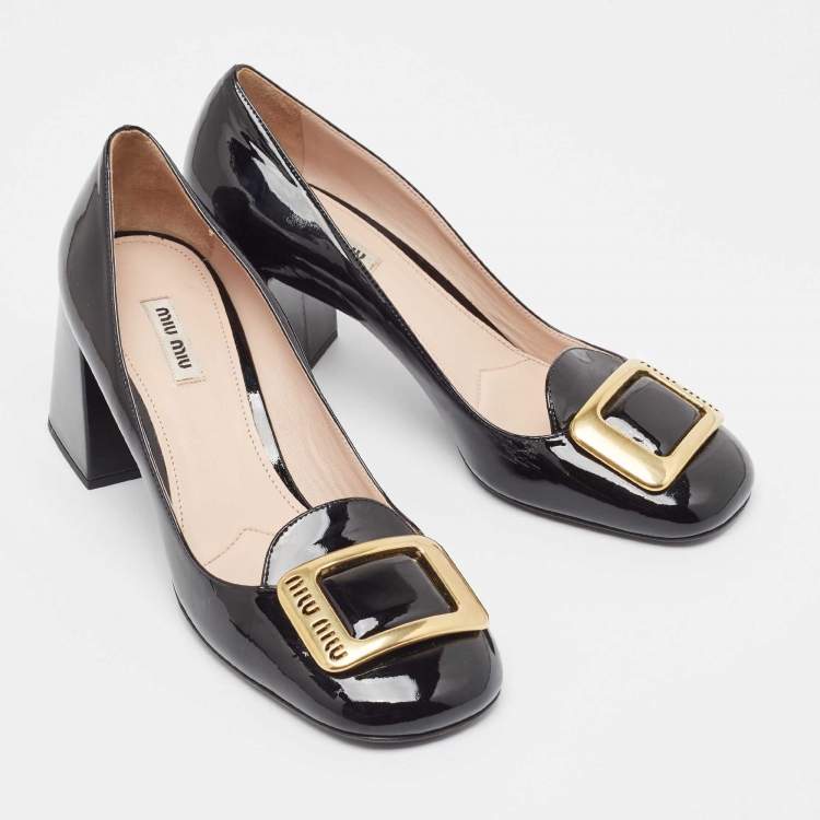 Pre Owned Miu Miu Black Patent Block Heel Pumps Size 40