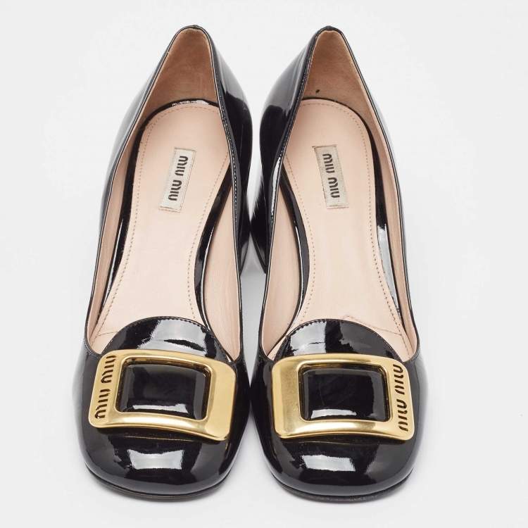 Pre Owned Miu Miu Black Patent Block Heel Pumps Size 40