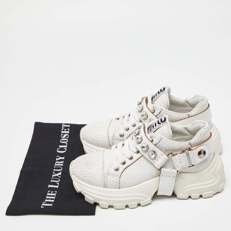 Pre Owned Miu Miu White Textured Leather Crystal Embellished Lace Up Sneakers Size 37