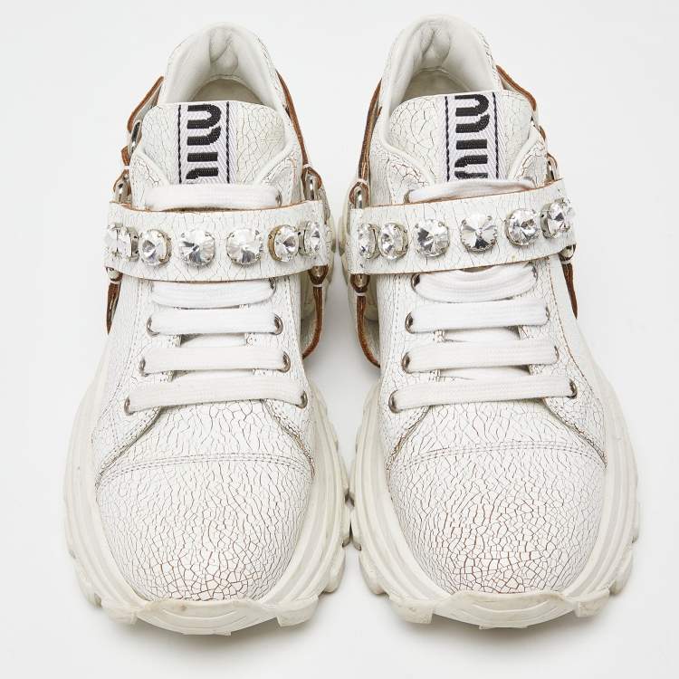 Pre Owned Miu Miu White Textured Leather Crystal Embellished Lace Up Sneakers Size 37