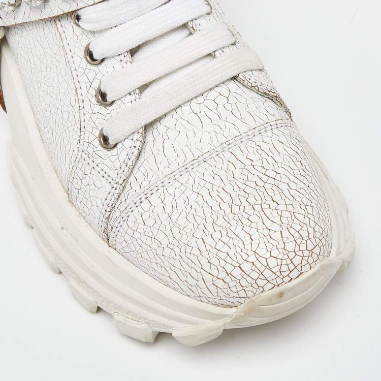 Pre Owned Miu Miu White Textured Leather Crystal Embellished Lace Up Sneakers Size 37