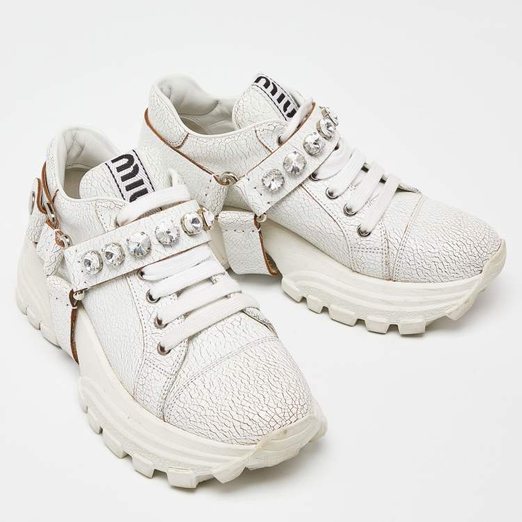 Pre Owned Miu Miu White Textured Leather Crystal Embellished Lace Up Sneakers Size 37