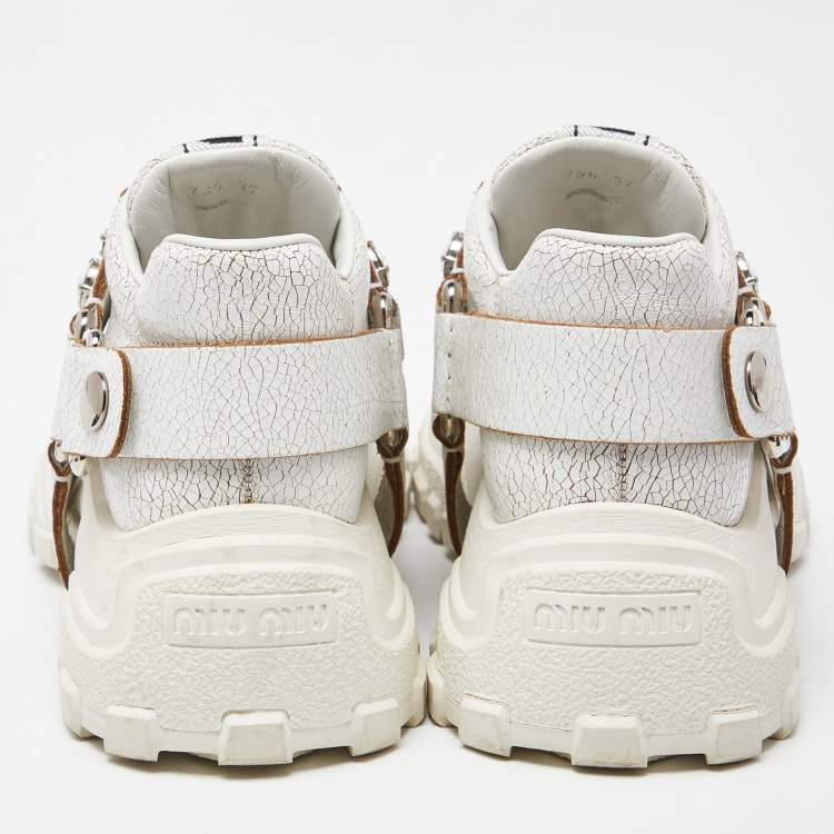 Pre Owned Miu Miu White Textured Leather Crystal Embellished Lace Up Sneakers Size 37