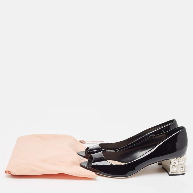 Pre Owned Miu Miu Black Patent Crystal Embellished Peep Toe Pumps Size 38