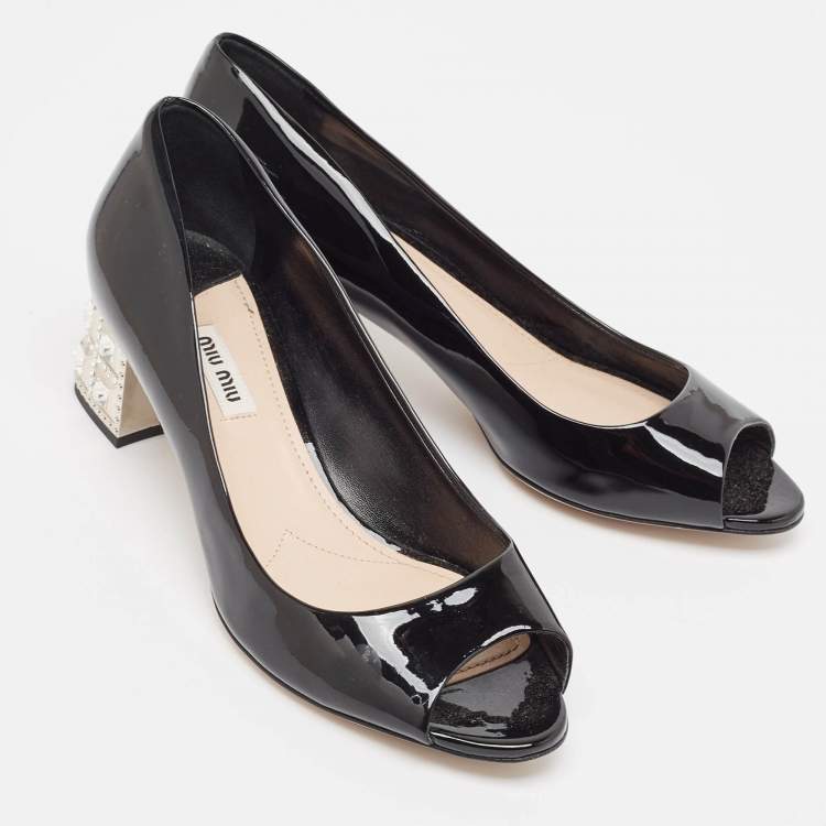 Pre Owned Miu Miu Black Patent Crystal Embellished Peep Toe Pumps Size 38