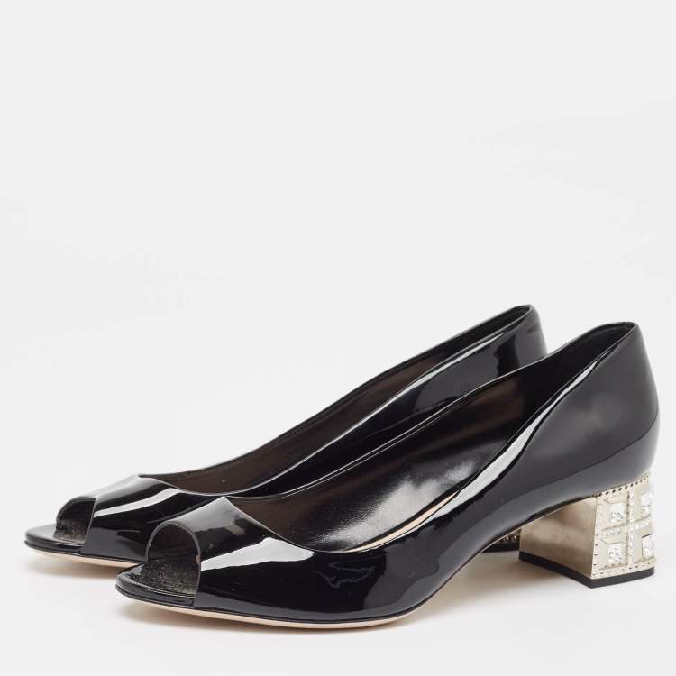 Pre Owned Miu Miu Black Patent Crystal Embellished Peep Toe Pumps Size 38