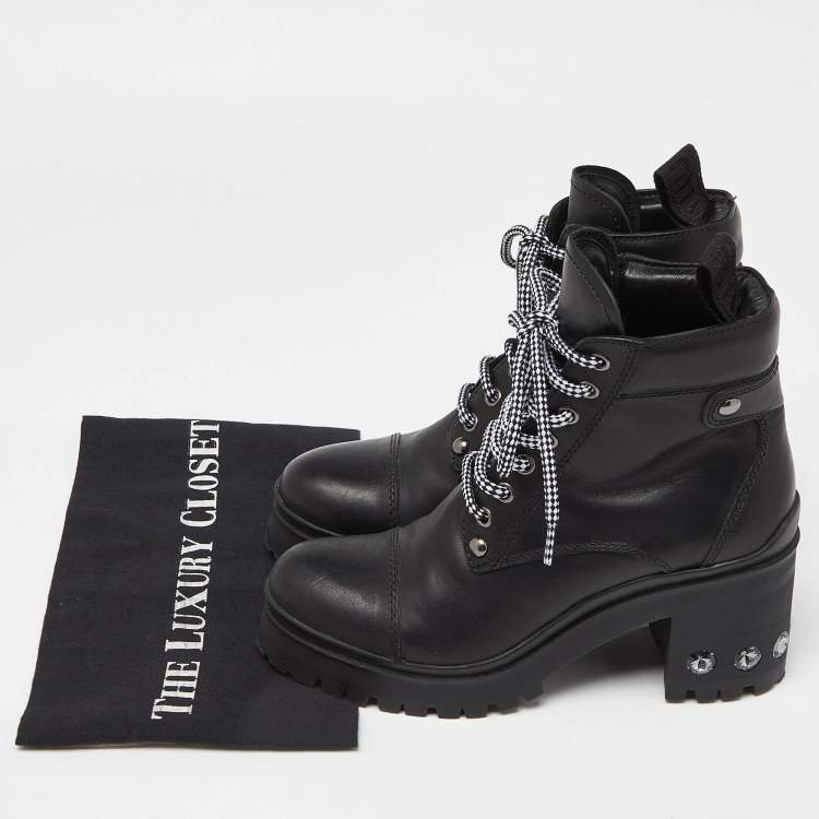 Pre Owned Miu Miu Black Leather Lace Up Combat Boots Size 37.5