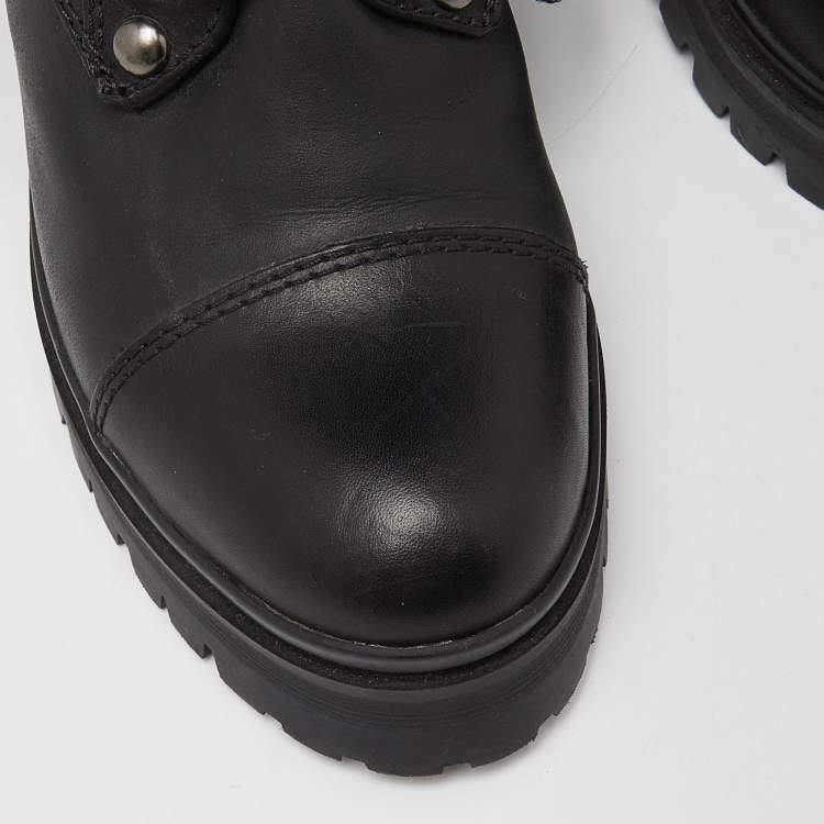 Pre Owned Miu Miu Black Leather Lace Up Combat Boots Size 37.5