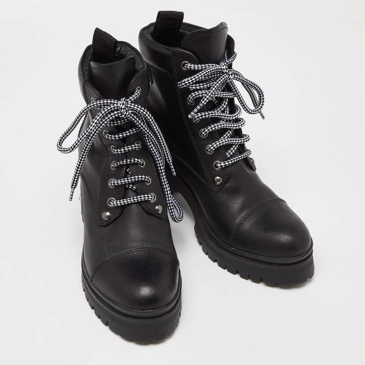 Pre Owned Miu Miu Black Leather Lace Up Combat Boots Size 37.5