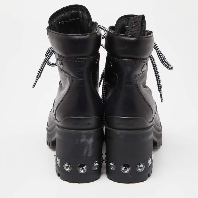 Pre Owned Miu Miu Black Leather Lace Up Combat Boots Size 37.5