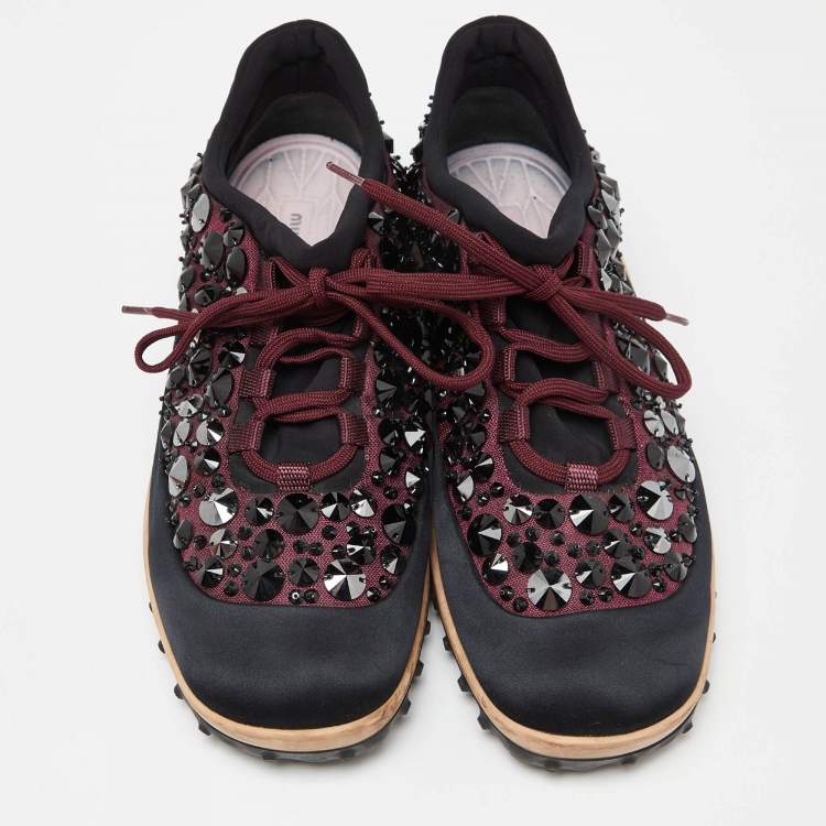 Pre Owned Miu Miu Black Satin Astro Crystal Embellished Low Top Sneakers Size 40