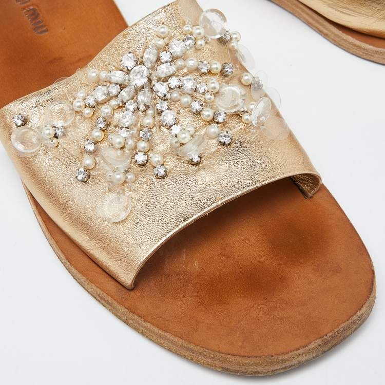 Pre Owned Miu Miu Gold Leather Crystal Embellished Open Toe Flat Slides Size 40