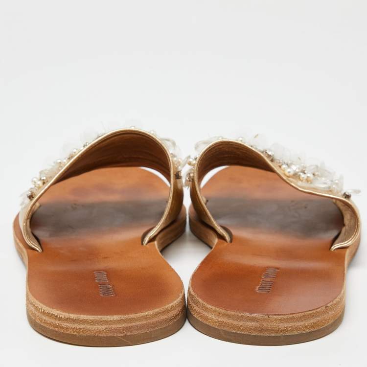 Pre Owned Miu Miu Gold Leather Crystal Embellished Open Toe Flat Slides Size 40