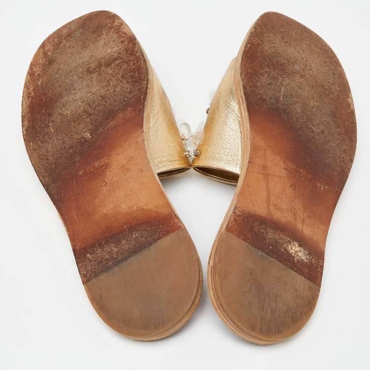 Pre Owned Miu Miu Gold Leather Crystal Embellished Open Toe Flat Slides Size 40