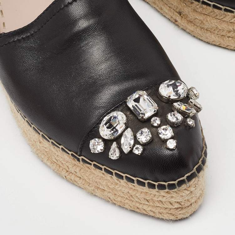 مملوكة مسبقًا Miu Miu Black Leather Crystal Embelished Platform Espadrilles Flats Size 40