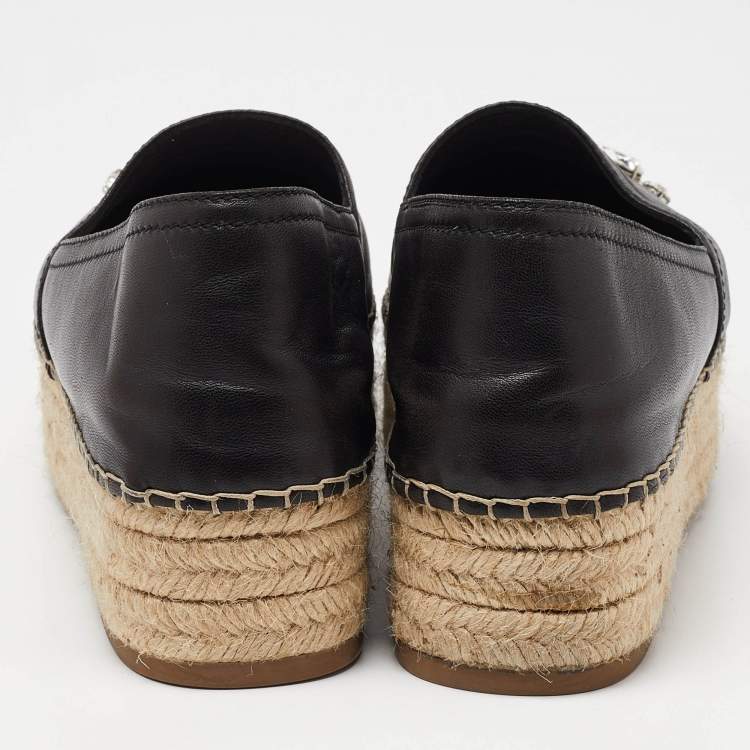 مملوكة مسبقًا Miu Miu Black Leather Crystal Embelished Platform Espadrilles Flats Size 40