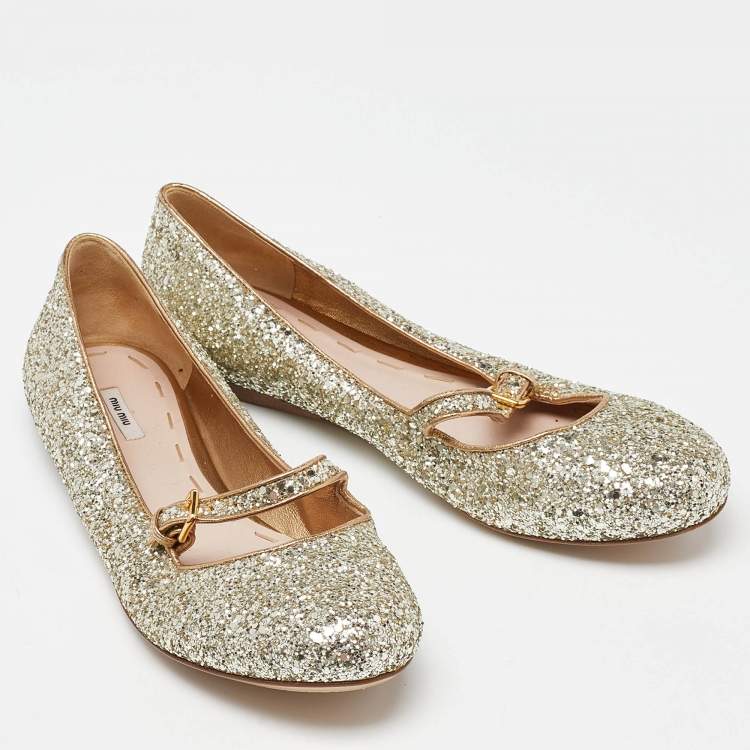Pre Owned Miu Miu Gold Glitter Ballet Flats Size 39.5