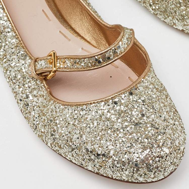 Pre Owned Miu Miu Gold Glitter Ballet Flats Size 39.5