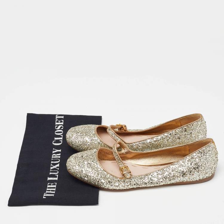 Pre Owned Miu Miu Gold Glitter Ballet Flats Size 39.5