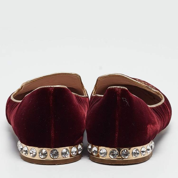 Pre Owned Miu Miu Burgundy Embroidered Velvet Crystal Embellished Smoking Slippers Size 37