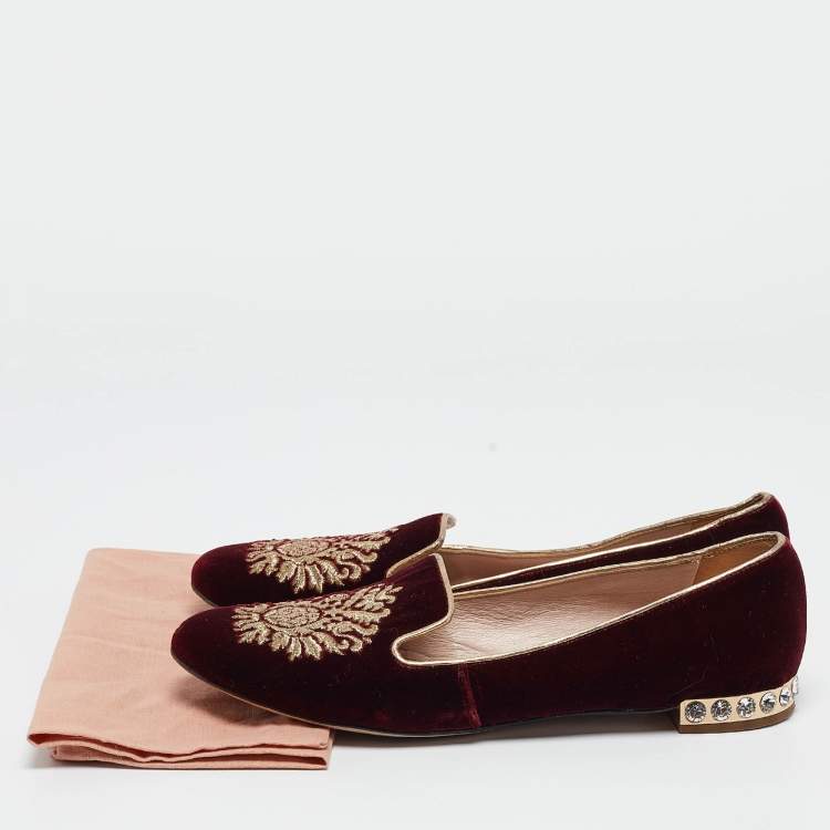 Pre Owned Miu Miu Burgundy Embroidered Velvet Crystal Embellished Smoking Slippers Size 37