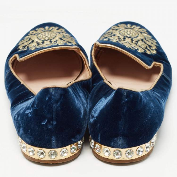 Pre Owned Miu Miu Blue Embroidered Velvet Crystal Embellished Smoking Slippers Size 37