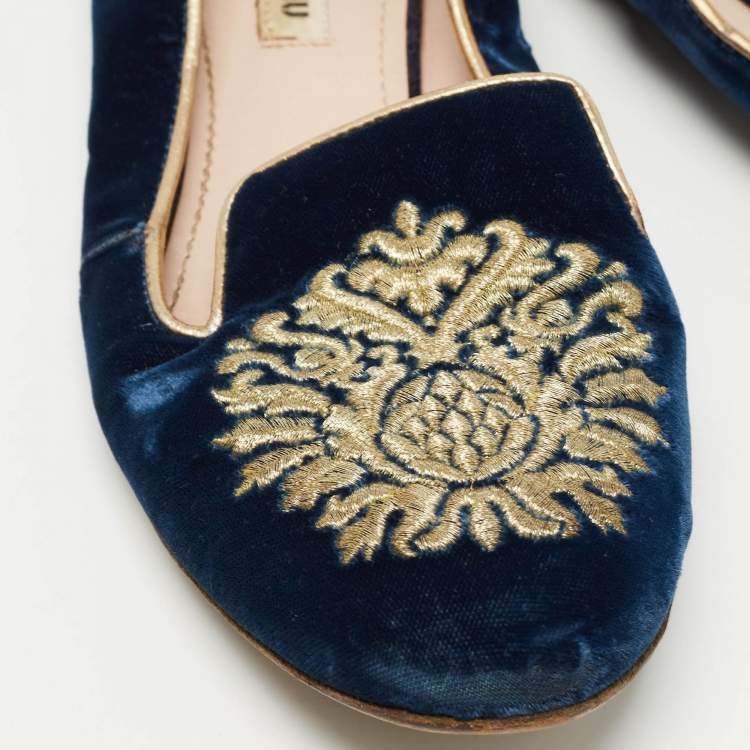 Pre Owned Miu Miu Blue Embroidered Velvet Crystal Embellished Smoking Slippers Size 37