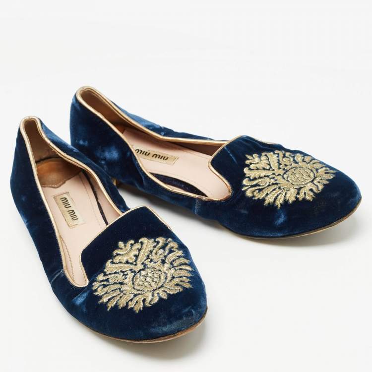 Pre Owned Miu Miu Blue Embroidered Velvet Crystal Embellished Smoking Slippers Size 37