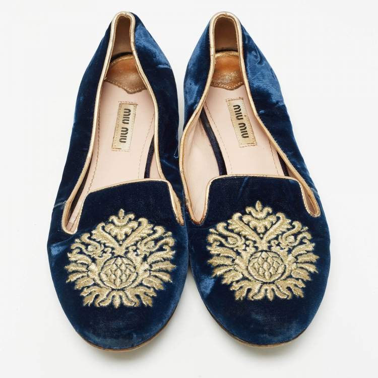 Pre Owned Miu Miu Blue Embroidered Velvet Crystal Embellished Smoking Slippers Size 37