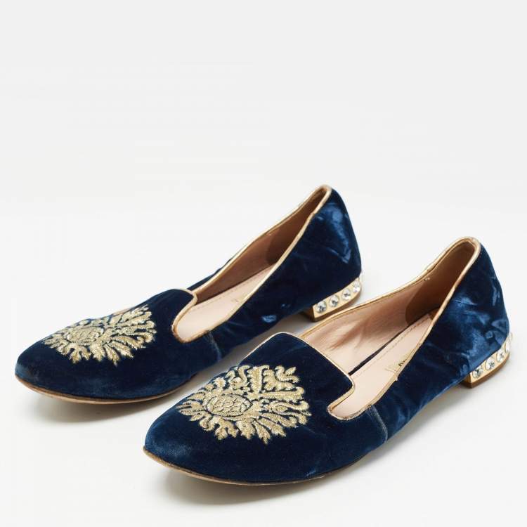Pre Owned Miu Miu Blue Embroidered Velvet Crystal Embellished Smoking Slippers Size 37
