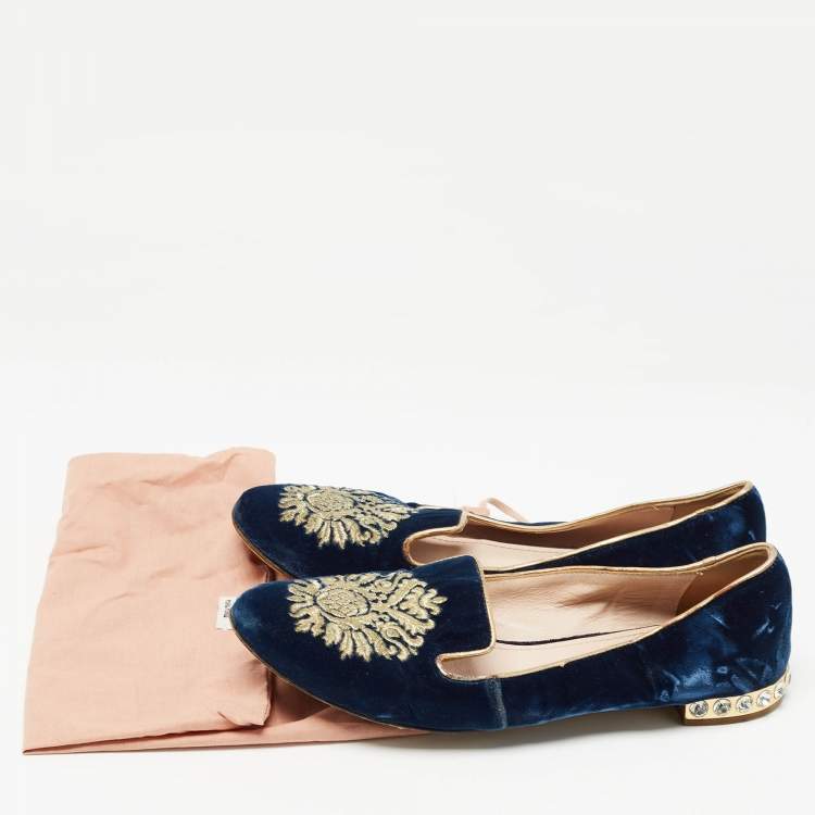 Pre Owned Miu Miu Blue Embroidered Velvet Crystal Embellished Smoking Slippers Size 37