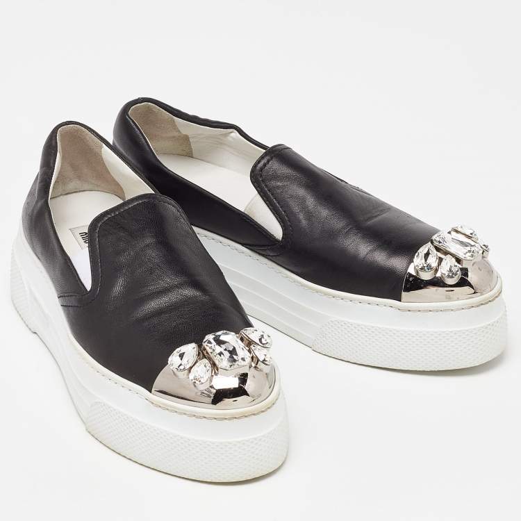 Pre Owned Miu Miu Black Leather Embellished Cap Toe Slip On Sneakers Size 39