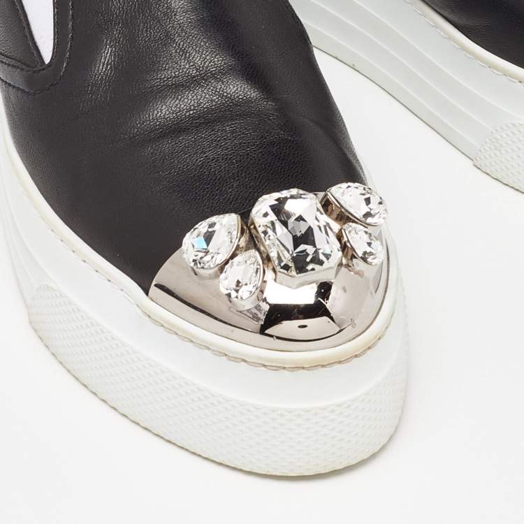 Pre Owned Miu Miu Black Leather Embellished Cap Toe Slip On Sneakers Size 39